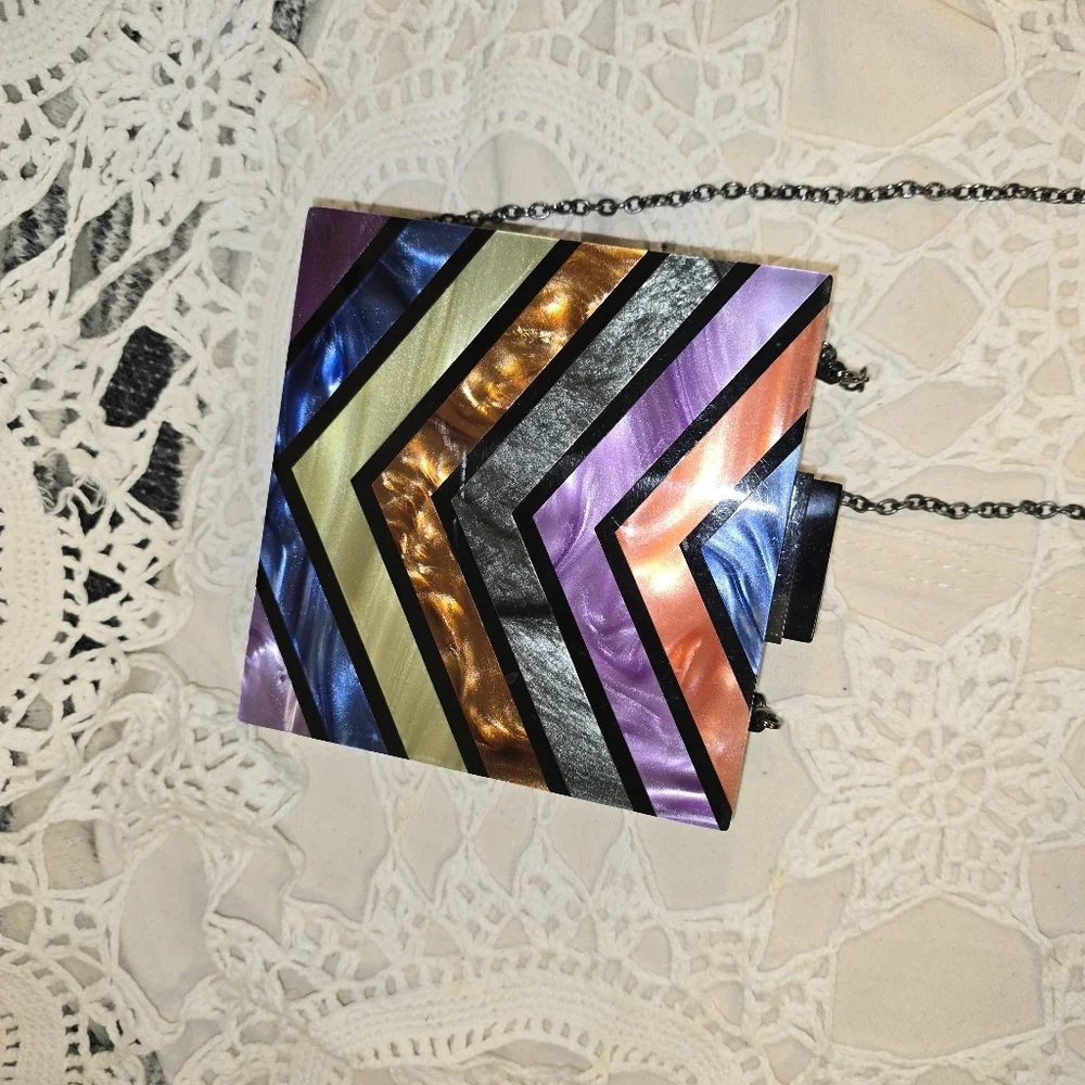 Sandra Roberts Square Handbag, Chain Strap, Multi-colores Clutch, Art Deco Purse